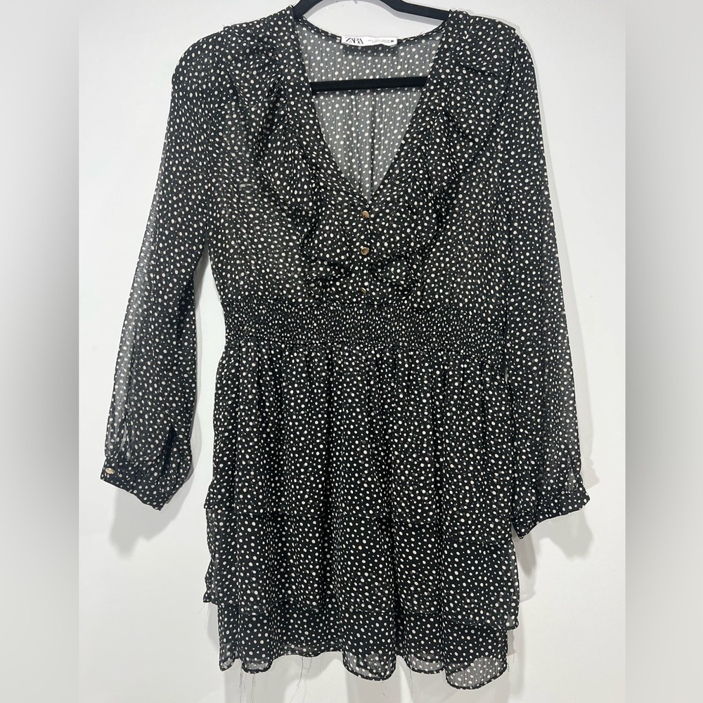 Zara Black and White Dotted Long Sleeve Dress